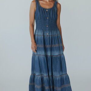 Lapis Dress Large Blue Denim Tiered Maxi Boho Smocked Button Western Prairie L